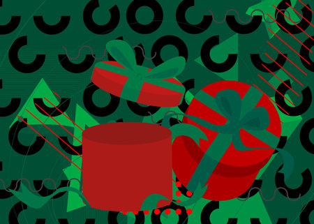 Round gift box geometrical graphic retro holiday theme background. Minimal geometric elements. Vintage abstract shapes vector illustration.のイラスト素材