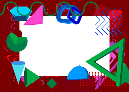 Purple, Blue, Red and Green geometrical graphic retro theme background with place for text. Minimal geometric elements frame. Vintage abstract shapes vector illustration for advertising.のイラスト素材