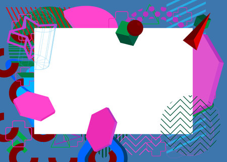 Purple, Blue, Red and Green geometrical graphic retro theme background with place for text. Minimal geometric elements frame. Vintage abstract shapes vector illustration for advertising.のイラスト素材
