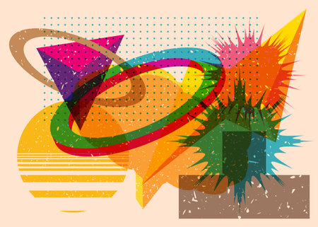 Risograph Speech Bubble with geometric shapes. Objects in trendy riso graph print texture style design with geometry elements.のイラスト素材