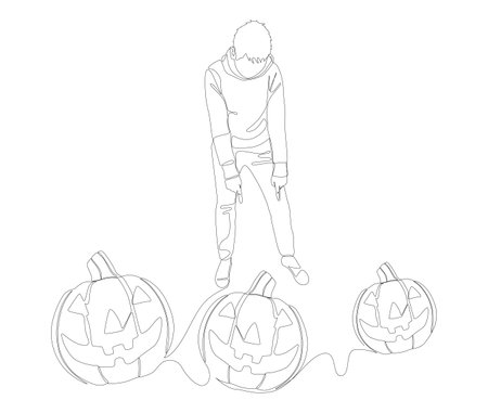 One continuous line of Man pointing with finger at Halloween Pumpkin, Jack O' Lantern. Thin Line Illustration vector concept. Contour Drawing Creative ideas.のイラスト素材