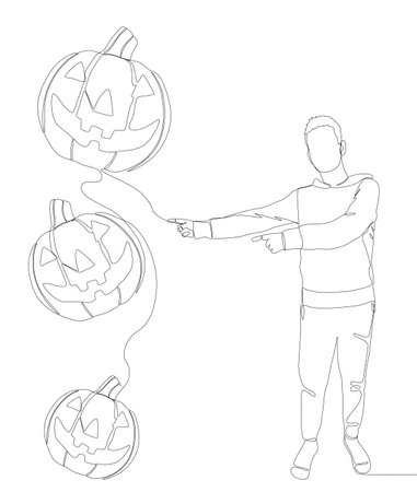 One continuous line of Man pointing with finger at Halloween Pumpkin, Jack O' Lantern. Thin Line Illustration vector concept. Contour Drawing Creative ideas.のイラスト素材