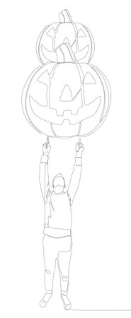 One continuous line of Man pointing with finger at Halloween Pumpkin, Jack O' Lantern. Thin Line Illustration vector concept. Contour Drawing Creative ideas.のイラスト素材