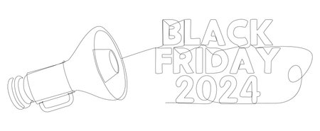 One continuous line of Megaphone with Black Friday 2024 text. Thin Line Illustration vector concept. Contour Drawing Creative ideas.のイラスト素材