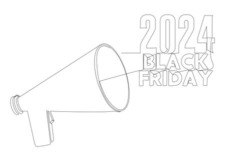 One continuous line of Megaphone with Black Friday 2024 text. Thin Line Illustration vector concept. Contour Drawing Creative ideas.のイラスト素材