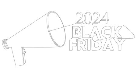 One continuous line of Megaphone with Black Friday 2024 text. Thin Line Illustration vector concept. Contour Drawing Creative ideas.のイラスト素材