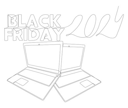 One continuous line of Laptop with Black Friday 2024 text. Thin Line Illustration vector concept. Contour Drawing Creative ideas.のイラスト素材