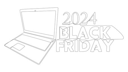 One continuous line of Laptop with Black Friday 2024 text. Thin Line Illustration vector concept. Contour Drawing Creative ideas.のイラスト素材