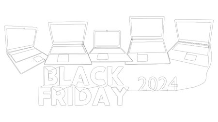 One continuous line of Laptop with Black Friday 2024 text. Thin Line Illustration vector concept. Contour Drawing Creative ideas.のイラスト素材