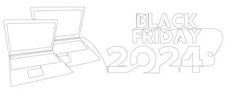 One continuous line of Laptop with Black Friday 2024 text. Thin Line Illustration vector concept. Contour Drawing Creative ideas.のイラスト素材
