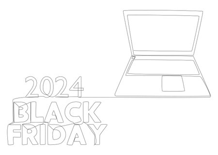 One continuous line of Laptop with Black Friday 2024 text. Thin Line Illustration vector concept. Contour Drawing Creative ideas.のイラスト素材