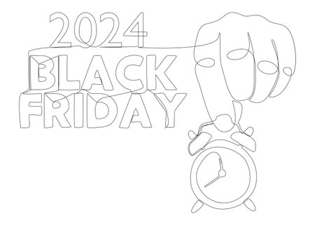 One continuous line of alarm clock with Black Friday 2024 text. Thin Line Illustration vector concept. Contour Drawing Creative ideas.のイラスト素材