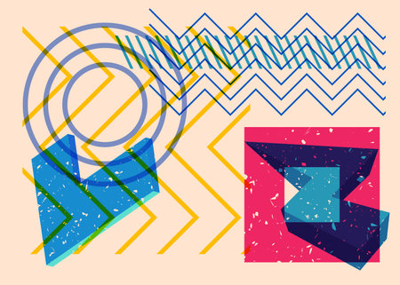 Colorful geometric shapes. Object in trendy riso graph design. Geometry elements abstract risograph print texture style.のイラスト素材