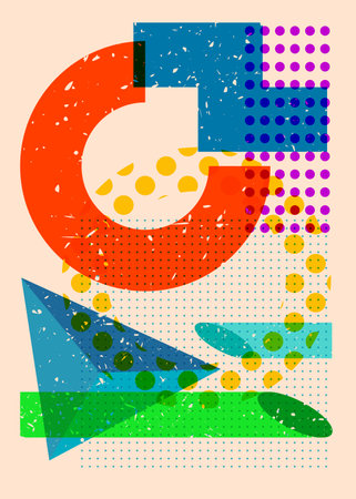 Colorful geometric shapes. Object in trendy riso graph design. Geometry elements abstract risograph print texture style.のイラスト素材