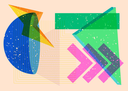 Colorful geometric shapes. Object in trendy riso graph design. Geometry elements abstract risograph print texture style.のイラスト素材
