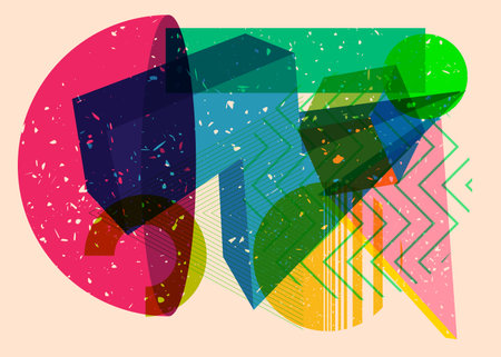 Colorful geometric shapes. Object in trendy riso graph design. Geometry elements abstract risograph print texture style.のイラスト素材
