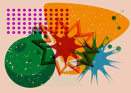 Risograph Christmas decoration ball with speech bubble with geometric shapes. Objects in trendy riso graph print texture style design with geometry elements.のイラスト素材