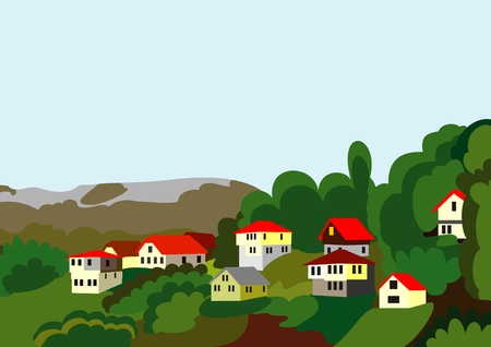 village houses mountain and forestのイラスト素材