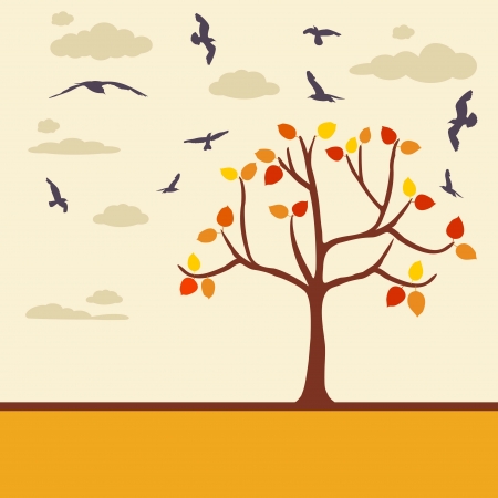 autumn background with tree leaves and birdsのイラスト素材