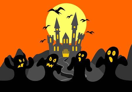 Halloween background with ghosts and castleのイラスト素材