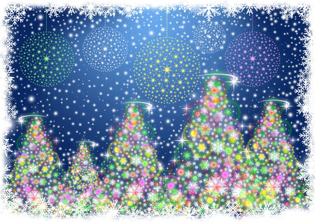 blue winter with trees lights and snowflakesの写真素材