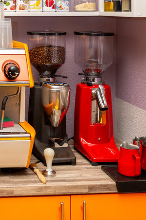 industrial coffee grinder in a cafeの写真素材