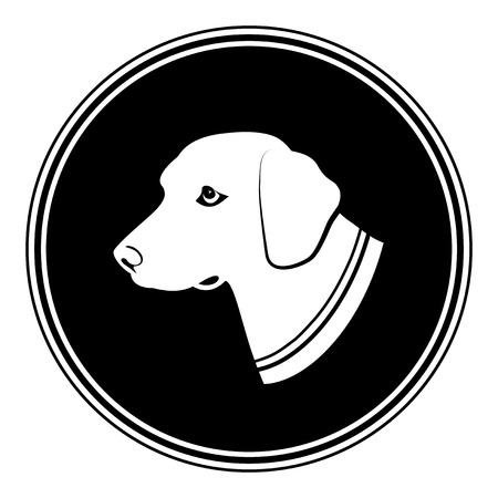 Illustration sign of white dog's head in black round. Silhouette in a Circle - dog.のイラスト素材