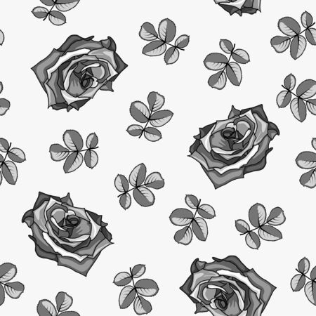 Seamless pattern made from black and white roses and rose leaves.のイラスト素材