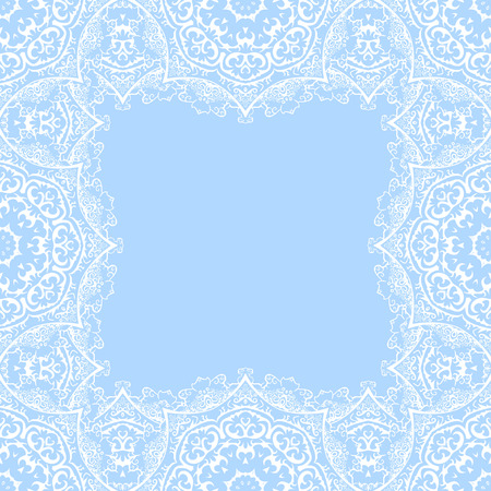 Vector decorative frame with copy space. Frame made from white snowflakes on blue backgroundのイラスト素材
