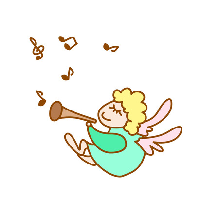 illustration of the little flying angel with flute and note on a white backgroundのイラスト素材