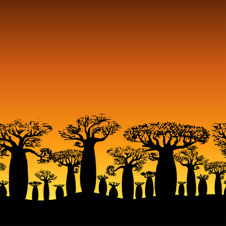 seamless decorative border of baobabs silhouette on sunset or sunriseのイラスト素材