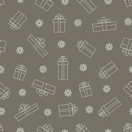 Seamless pattern of Simple linear gift boxes and snowflake on grey background. One line design.のイラスト素材