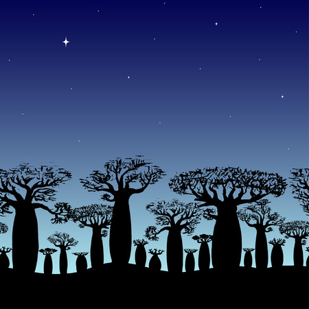 seamless decorative border of baobabs silhouette on night sky with starのイラスト素材