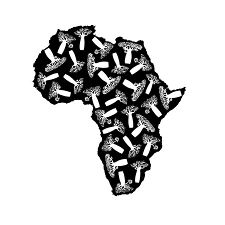 Vector silhouette of black Africa with white baobabs silhouette inside.のイラスト素材