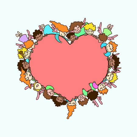 Vector flying angels and cupids around pink heart.  Greeting invitation card for saint Valentine day, wedding dayのイラスト素材