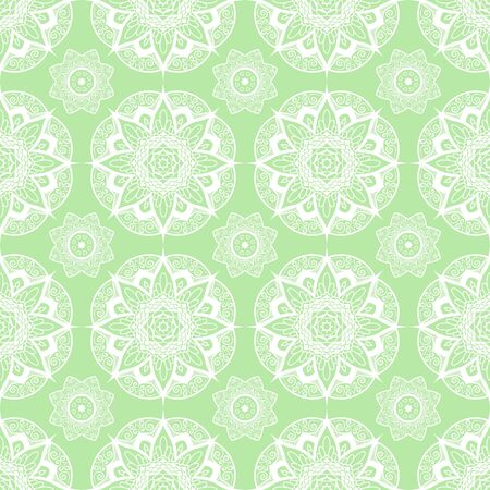Seamless pattern of round white mandala on green backgroundのイラスト素材
