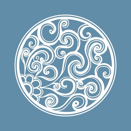 Vector openwork white round frame with spiral. Laser cutting template for greeting cards, envelopes, wedding invitations, decorative elementsのイラスト素材