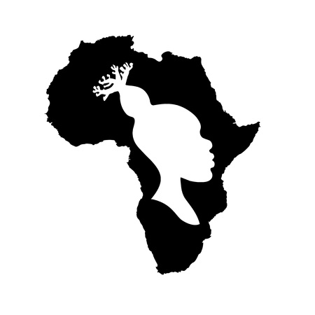 Vector silhouette of black Africa with white african american woman head silhouette with baobab hairstyle inside.のイラスト素材