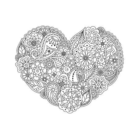A Vector heart of floral doodle elements. Floral background. Coloring book page for adultのイラスト素材