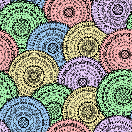 Vector seamless pattern of round abstract ethnic mandalas. Decorative background of circle mandalaのイラスト素材