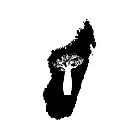 Vector silhouette of black Madagascar with white baobab silhouette inside.のイラスト素材