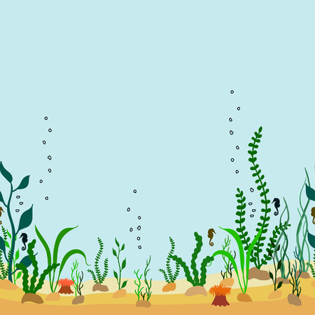 Vector seamless decorative border of cartoon seabed with seaweeds and seahorseのイラスト素材