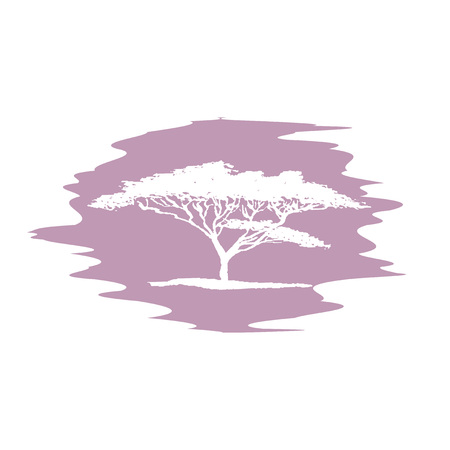 Hand drawing sketch of acacia tree logotype. Vector white acacia tree on blur backgroundのイラスト素材