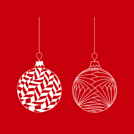 Vector set of white hand drawn Christmas tree ball toy with thread on red backgroundのイラスト素材