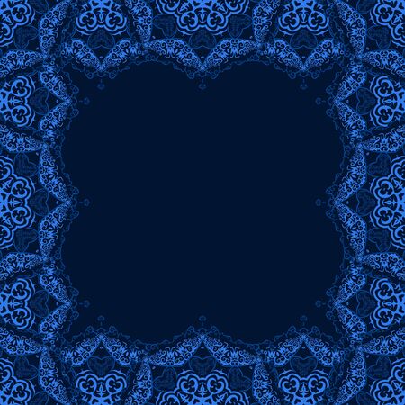 Vector seamless decorative frame from blue snowflakes on dark background. Greeting invitation card for Christmas, New Yearのイラスト素材