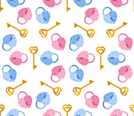 Vector seamless pattern from padlock, a key with a heart shape. Background for Valentines dayのイラスト素材