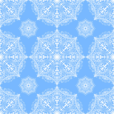 Vector seamless pattern from white snowflakes. Ornate mandala on blue backgroundのイラスト素材