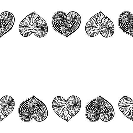 Vector decorative horizontal border from black hand drawing hearts on white background. Coloring page book border from doodle hearts. Anti stress for adultのイラスト素材