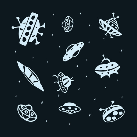 Vector set of hand drawing UFO Flying Saucer のイラスト素材