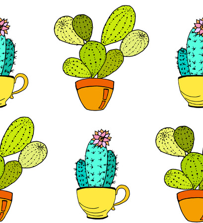 Vector cacti flower background. Seamless pattern with cactus in pot. Cartoon hand drawn cactus.のイラスト素材
